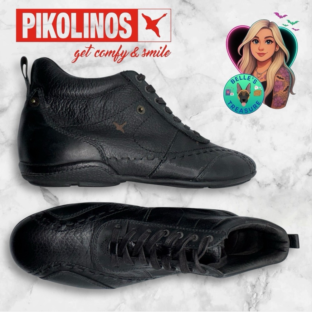 Pikolinos Mens 8 US 41 EU Sneakers Black Leather Round Toe Lace‎ Up Casual Shoes